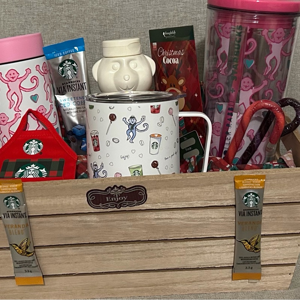 Starbucks Festive Gift Basket with Pink and White Accents